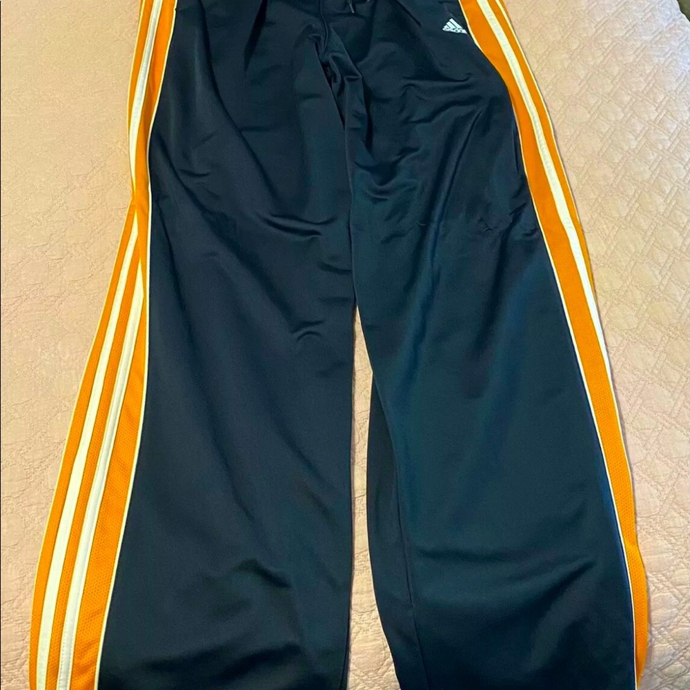 Adidas Classic Stripes Sports Track Pants Men's Size L Blue Orange & Pockets